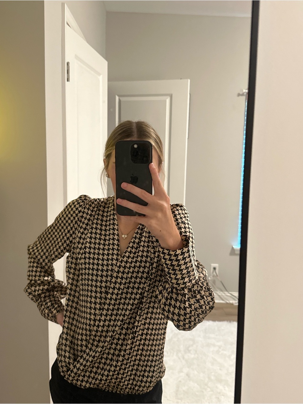 Black and Cream Houndstooth V-Neck Blouse